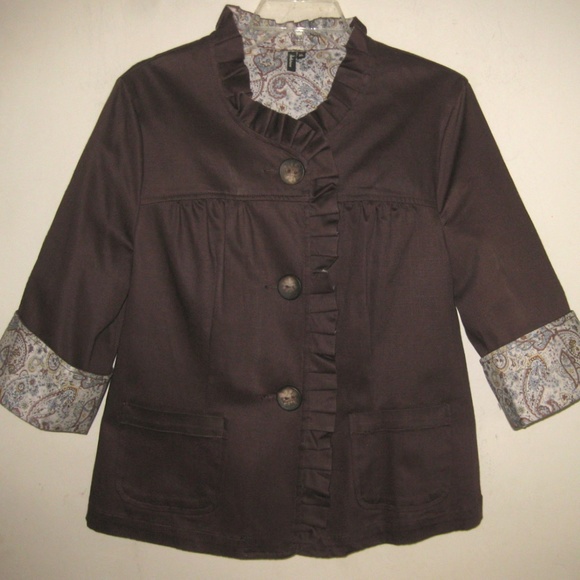 NWT Ruffled shirt jacket XL Cotton bl Brown Paisley Pockets Buttons Fall Swing - Picture 6 of 7